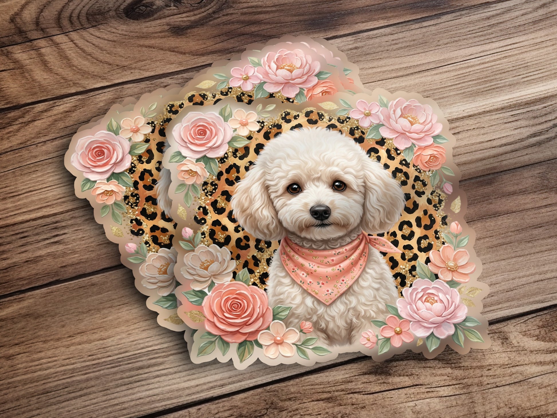 Poodle wearing a pink bandana surrounded by roses and leopard print.