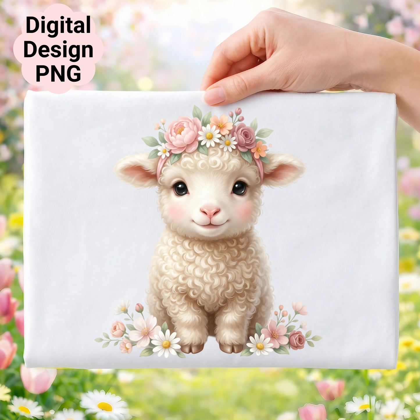Cute sheep with flower crown and floral border.