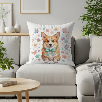 Corgi wearing a bow tie on a pillow with butterflies and flowers.