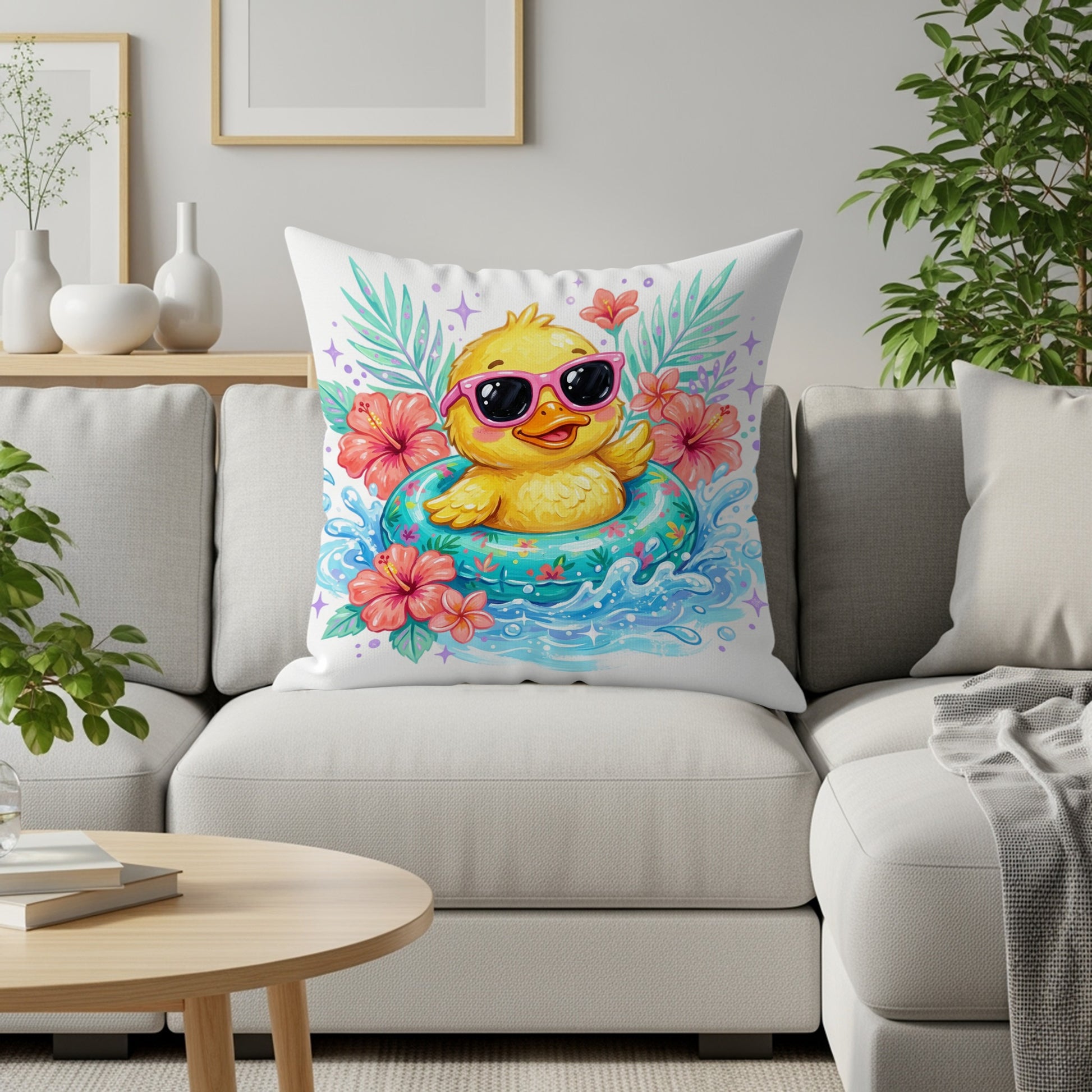 Yellow duck in sunglasses floats in a tropical pool with hibiscus flowers.