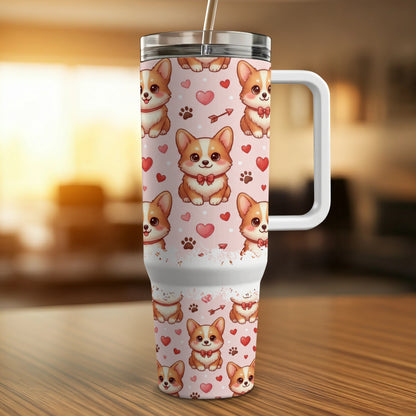 Pink tumbler with corgis, hearts, and bows.