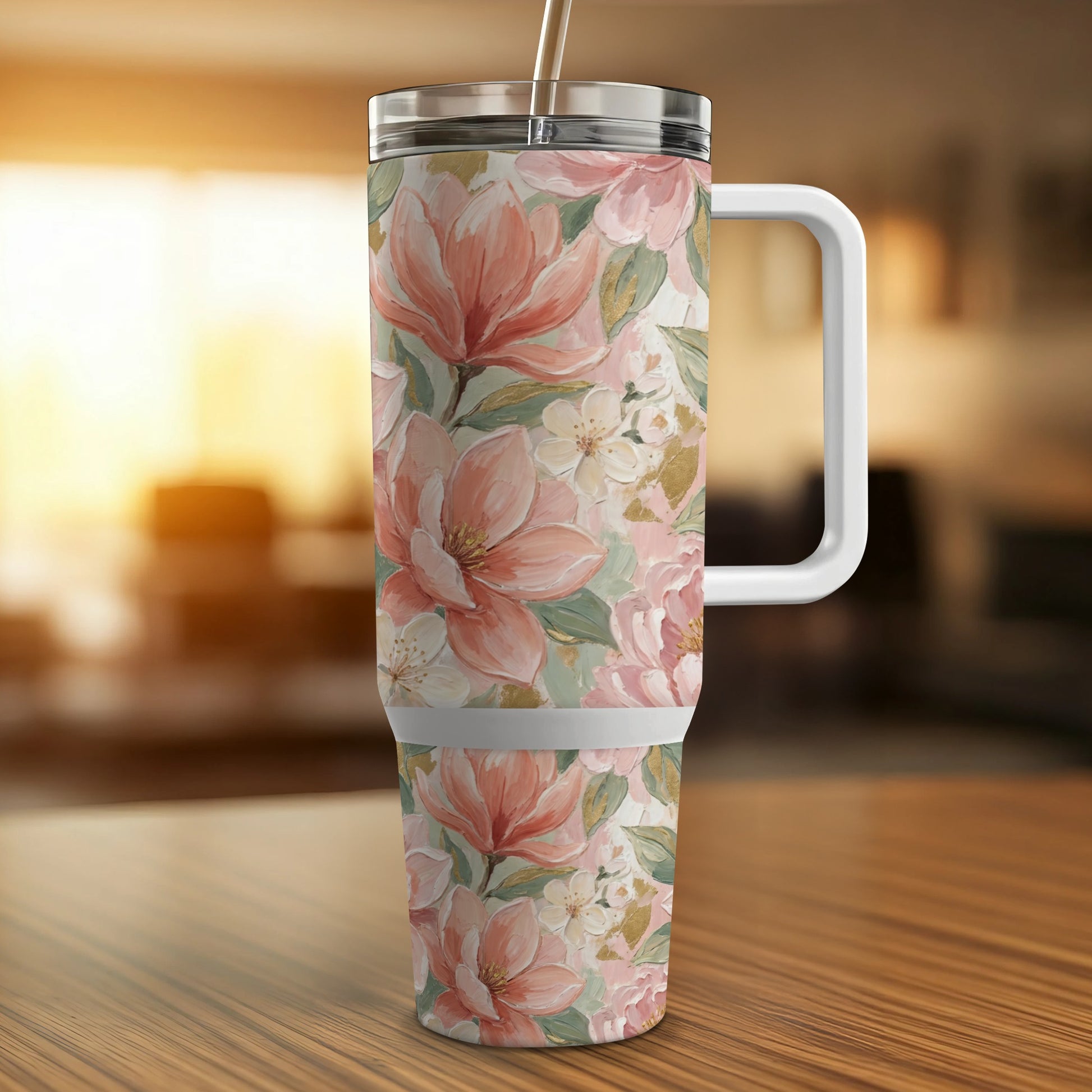 Floral tumbler with handle and straw on a wooden table.