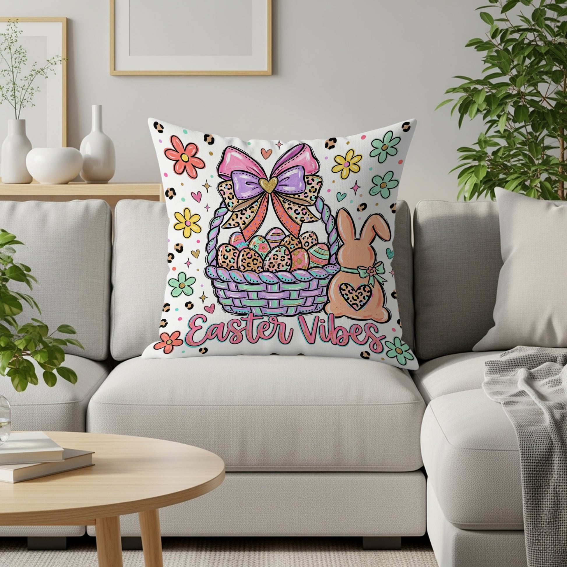 Easter Vibes basket with eggs, bunny, and flowers on decorative pillow.