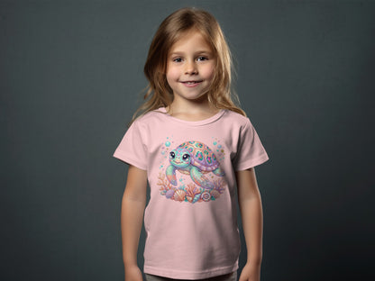 Pink t-shirt with smiling cartoon sea turtle and coral design.