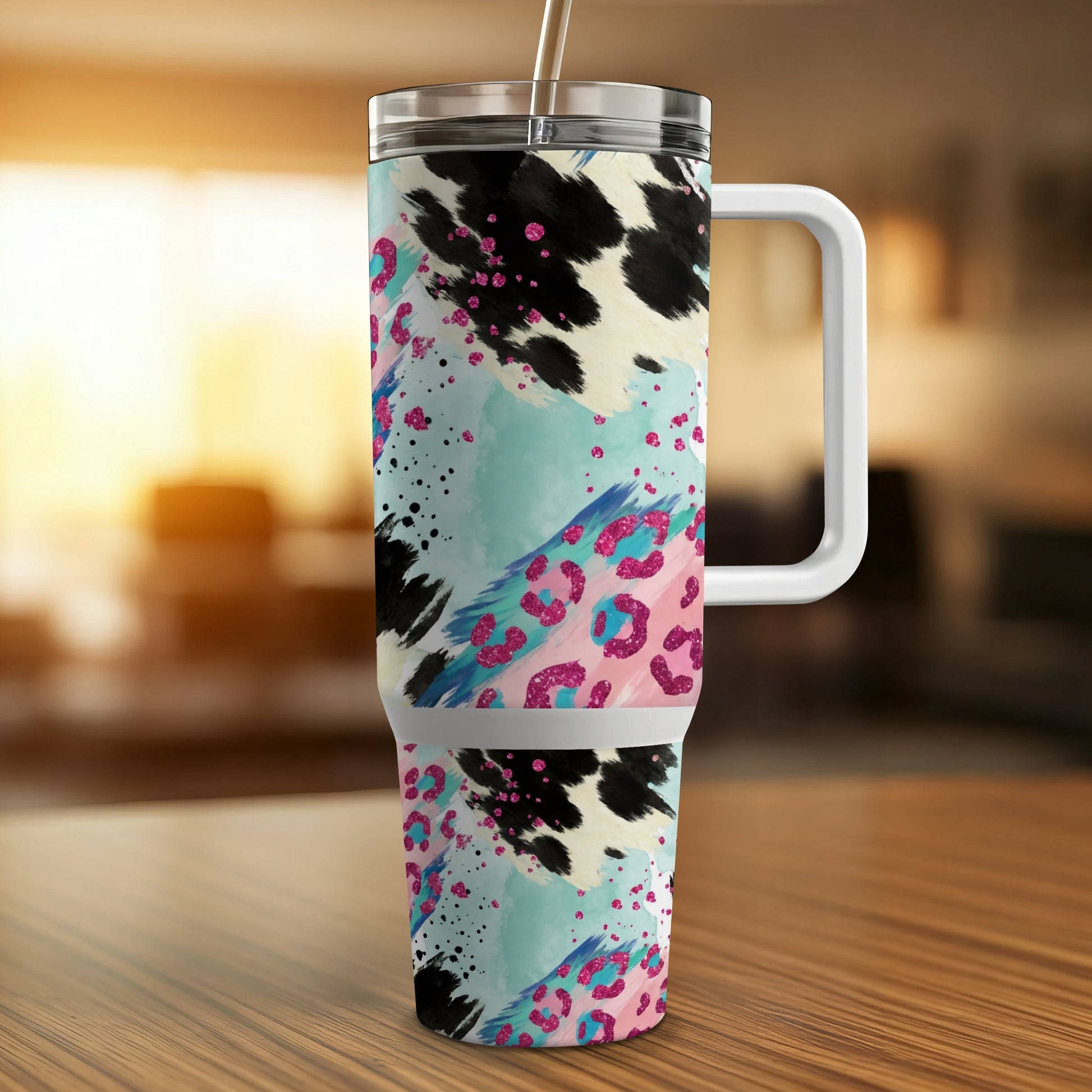 30oz tumbler with a colorful cow and leopard print design.