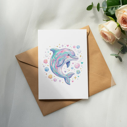 Whimsical dolphin illustration with bubbles and seashells on a card.