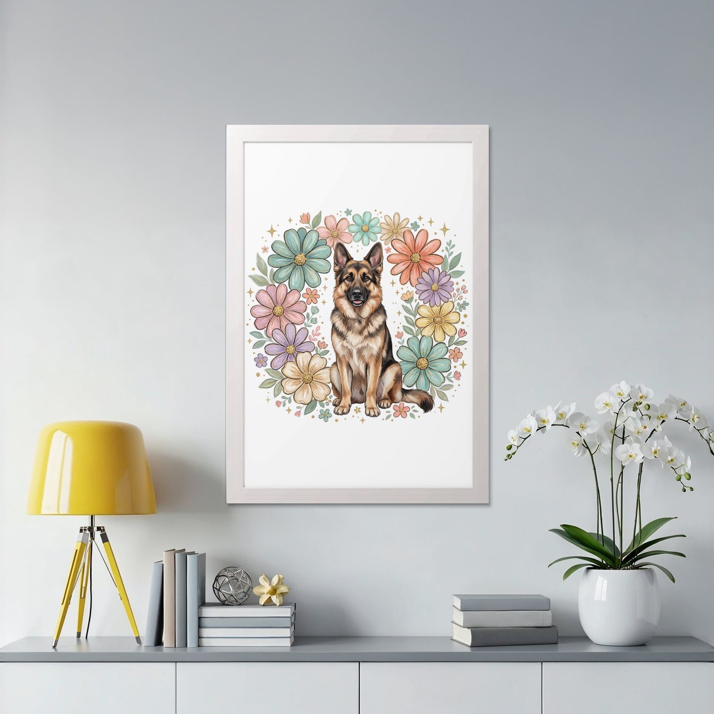 German Shepherd portrait centered in a floral wreath, framed.