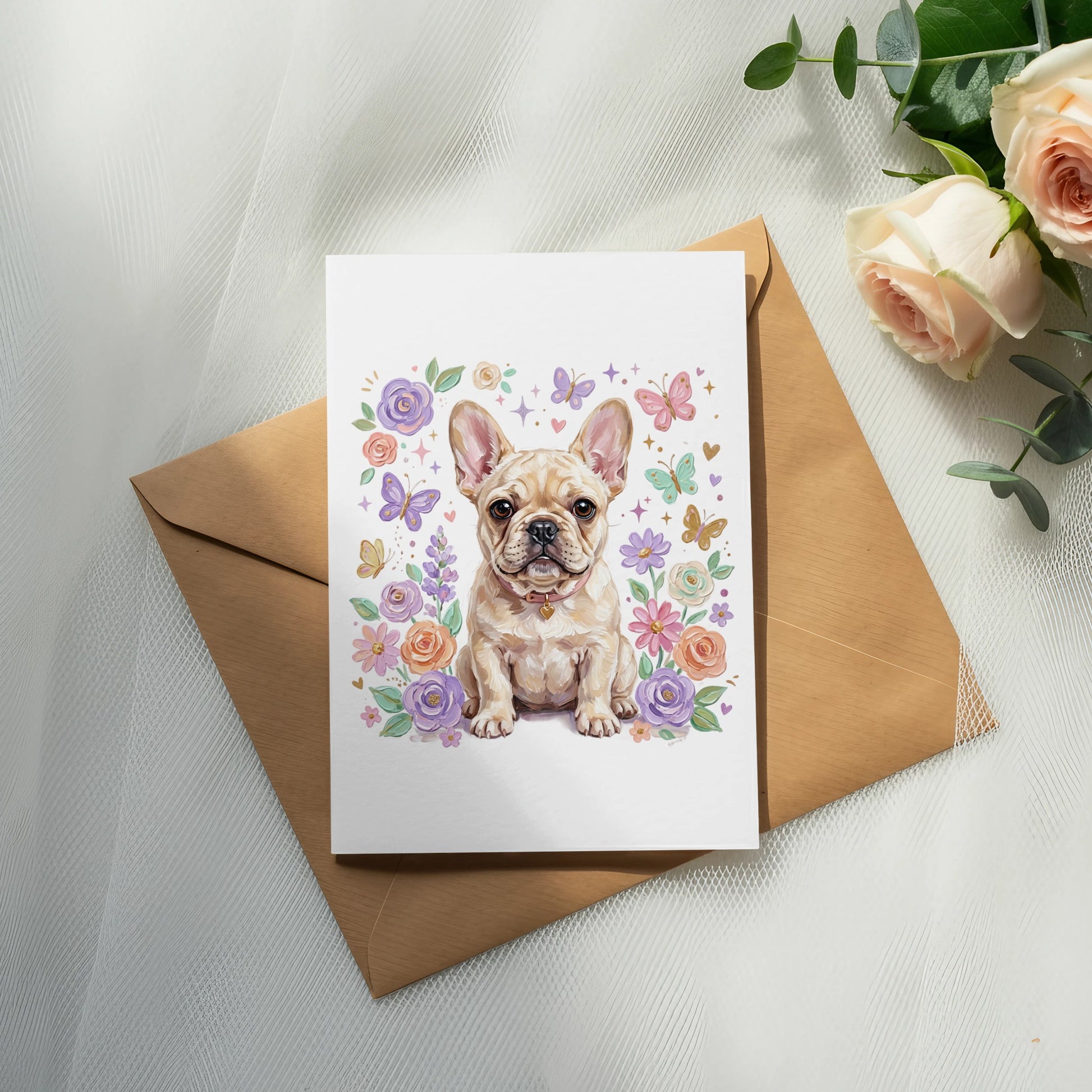 French bulldog on a card surrounded by flowers and butterflies, on a brown envelope.