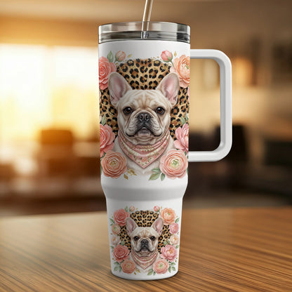 French bulldog with floral bandana on a white travel tumbler with leopard print accents.