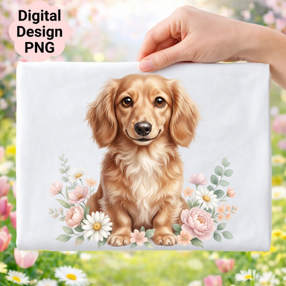 Dachshund puppy surrounded by pink and white flowers.