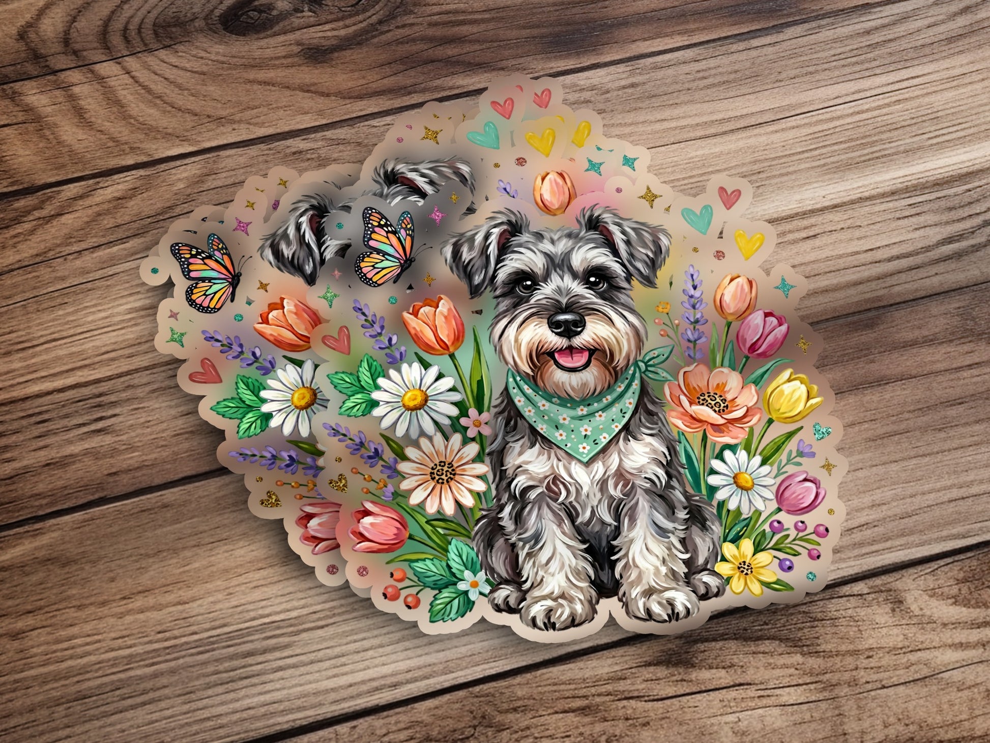 Schnauzer dog wearing a bandana surrounded by colorful flowers and butterflies.