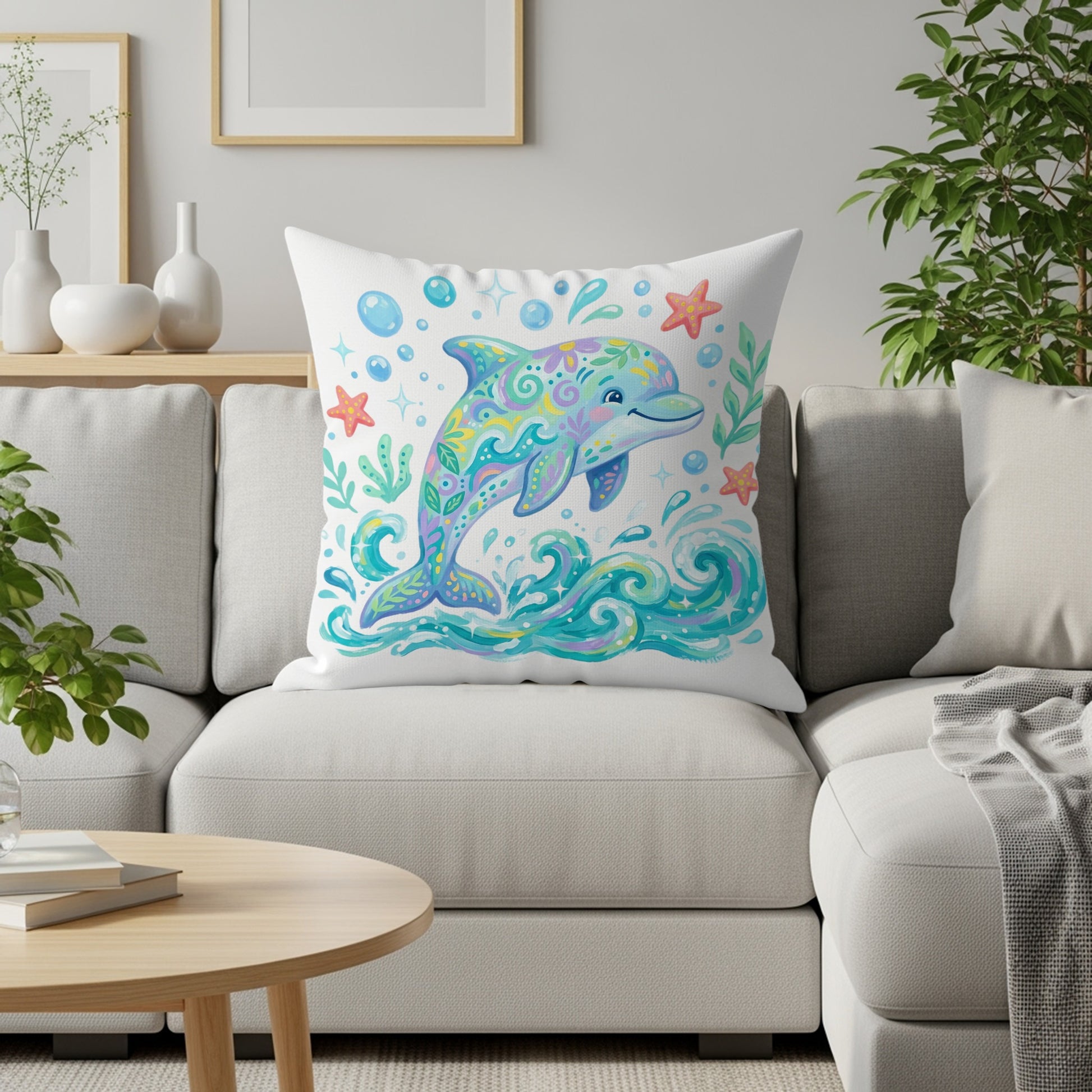 Dolphin on a pillow with waves, stars, and bubbles.