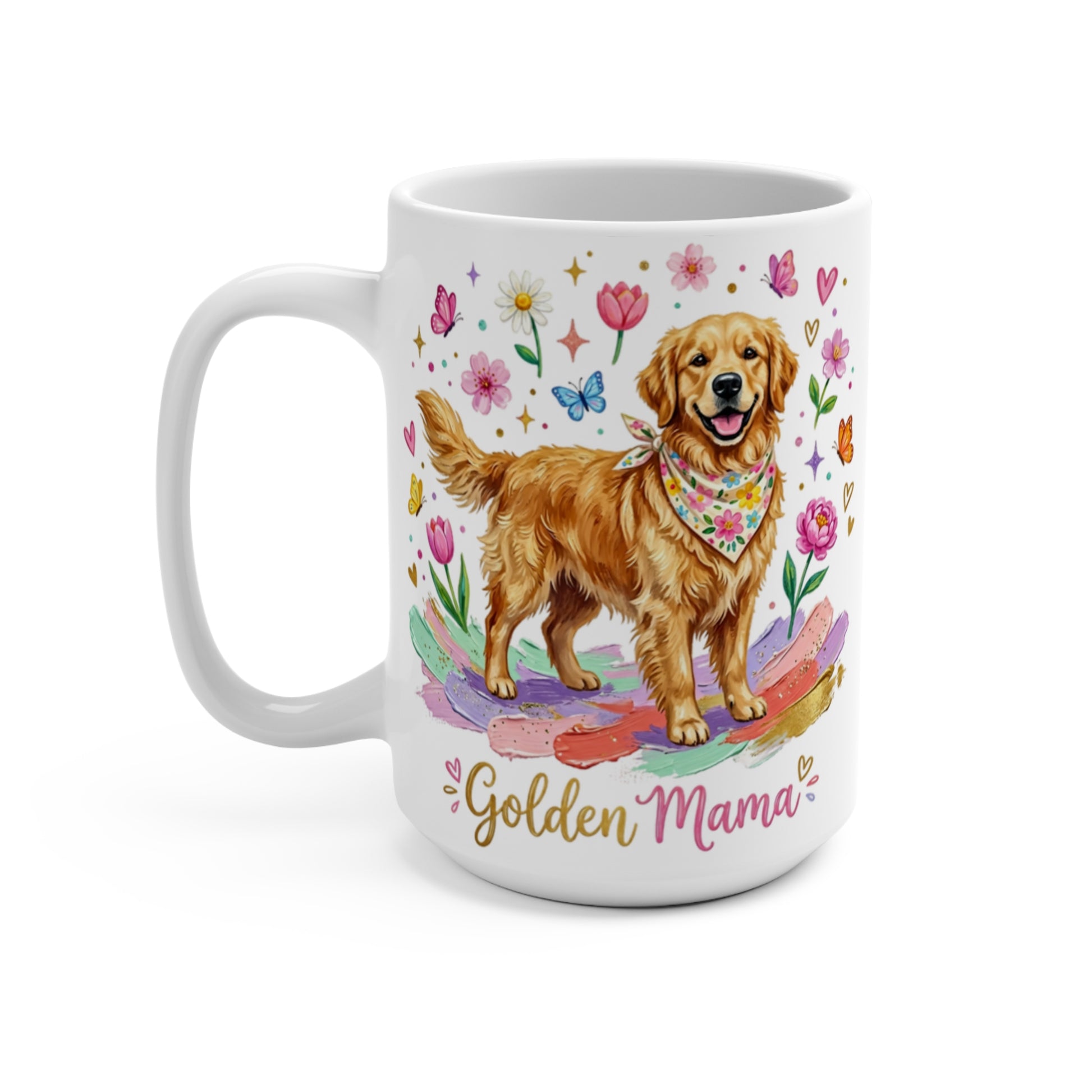 Golden Retriever wearing bandana with "Golden Mama" text and floral accents.