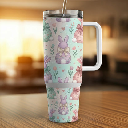 30oz tumbler with pastel Easter bunny and floral pattern.