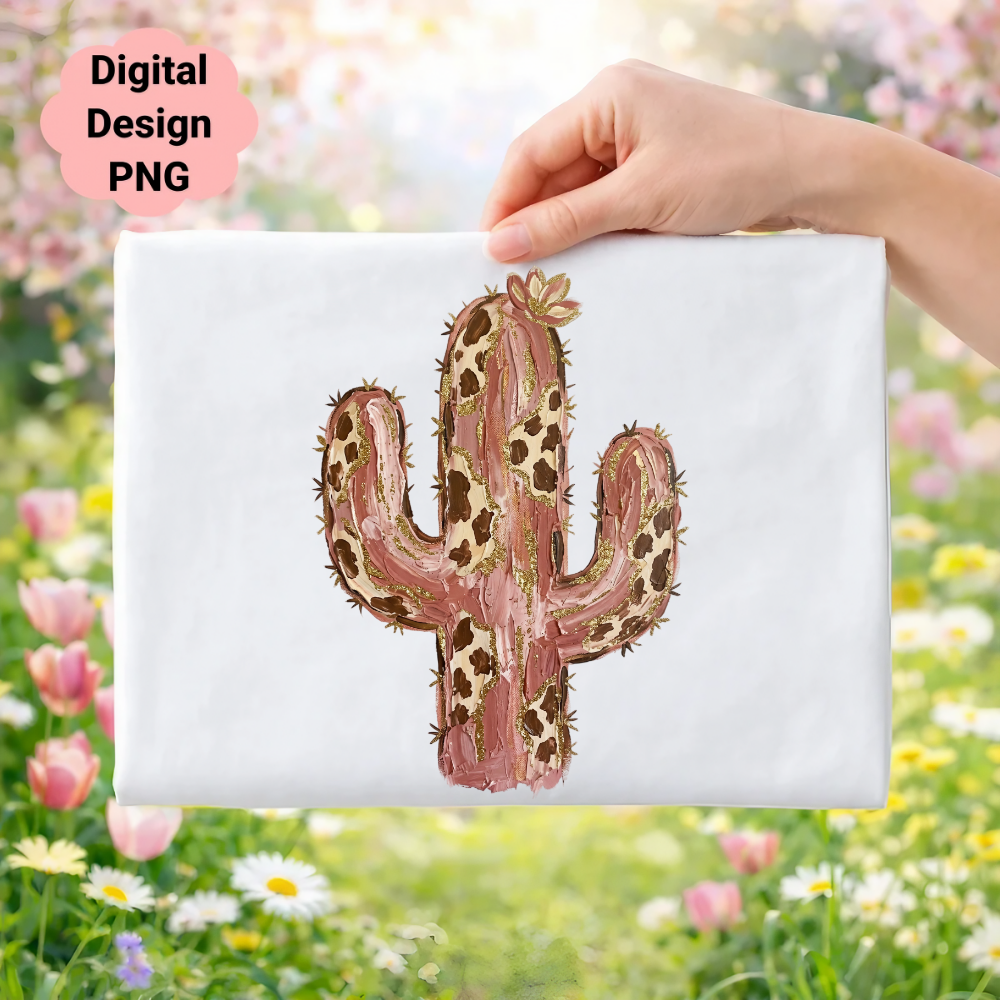 Pink cactus with gold glitter on white fabric, digital design PNG.