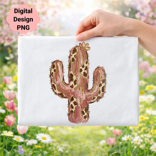 Pink cactus with gold glitter on white fabric, digital design PNG.