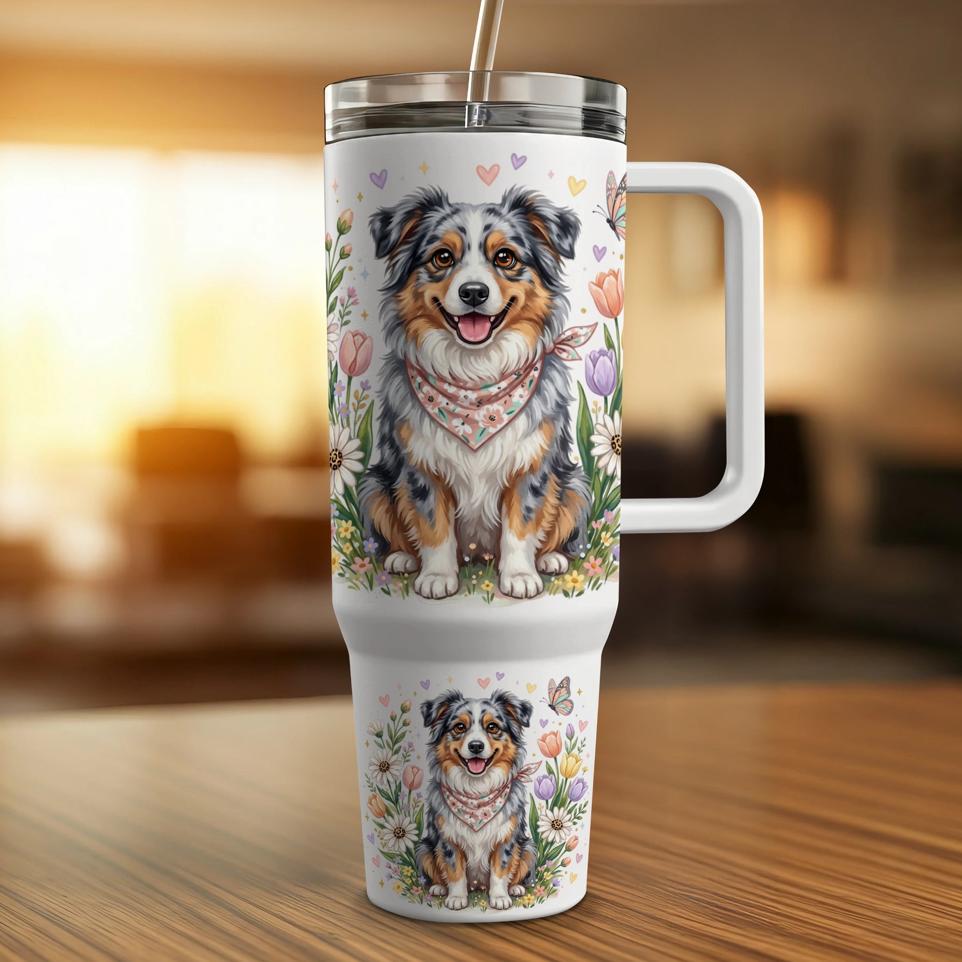 Australian Shepherd on bandana, floral, and butterfly patterned tumbler.
