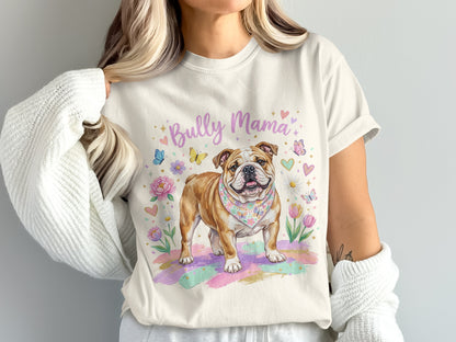 Bully Mama English Bulldog with floral and butterfly accents on a light cream t-shirt.