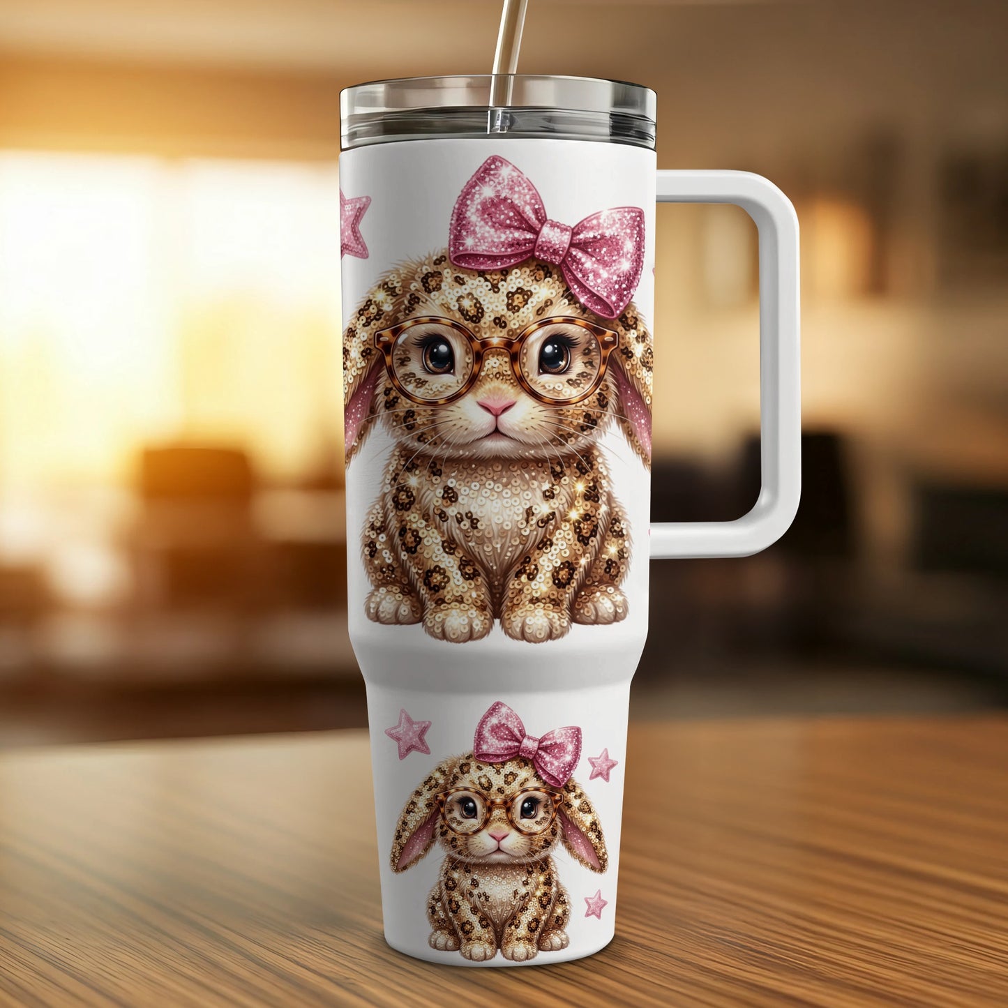 Tumbler with leopard print bunny, glasses, and pink bow.