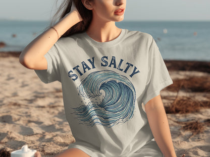 T-shirt with a blue wave graphic and "STAY SALTY" text.