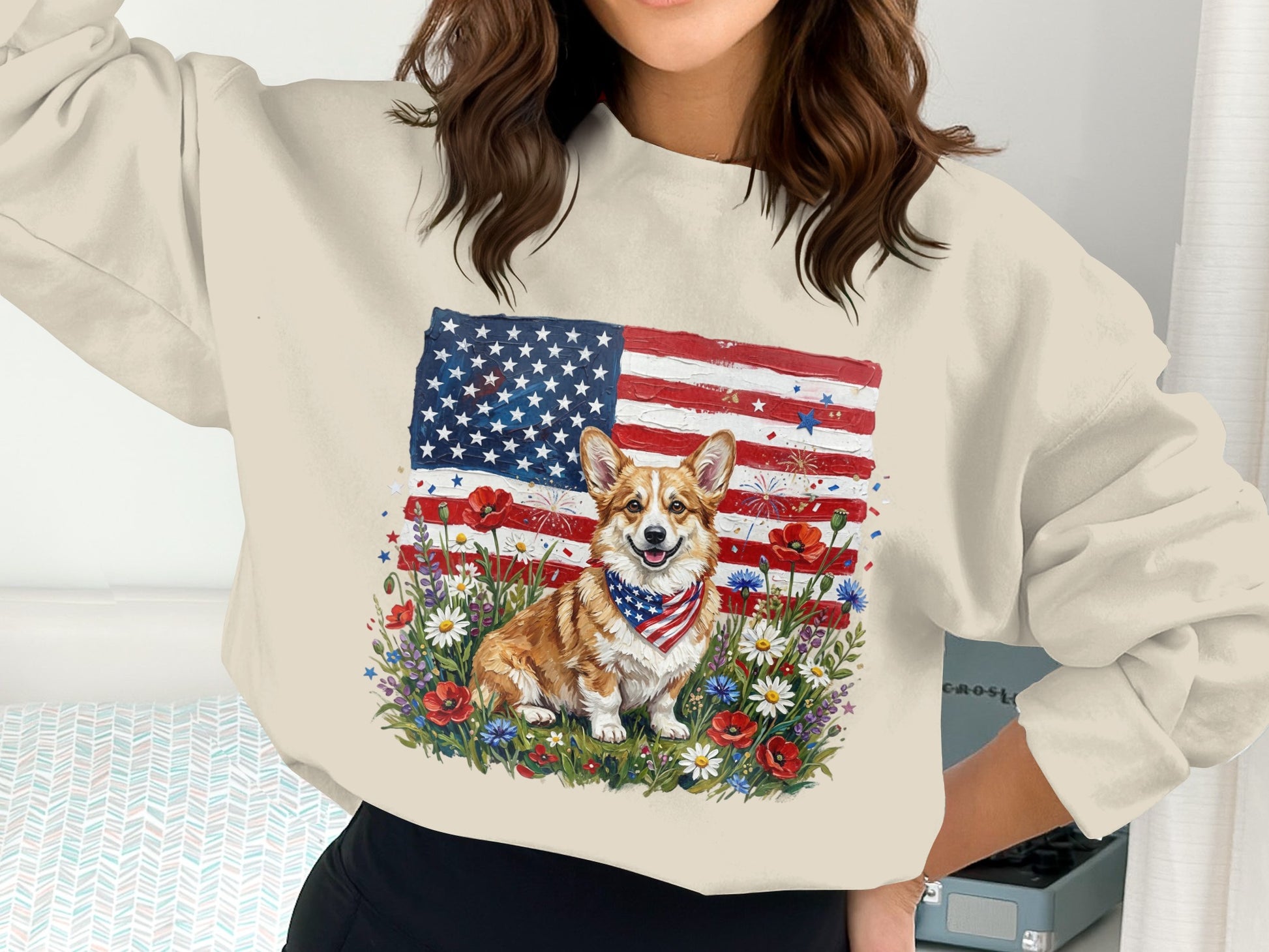 Corgi in bandana in front of American flag and wildflowers.