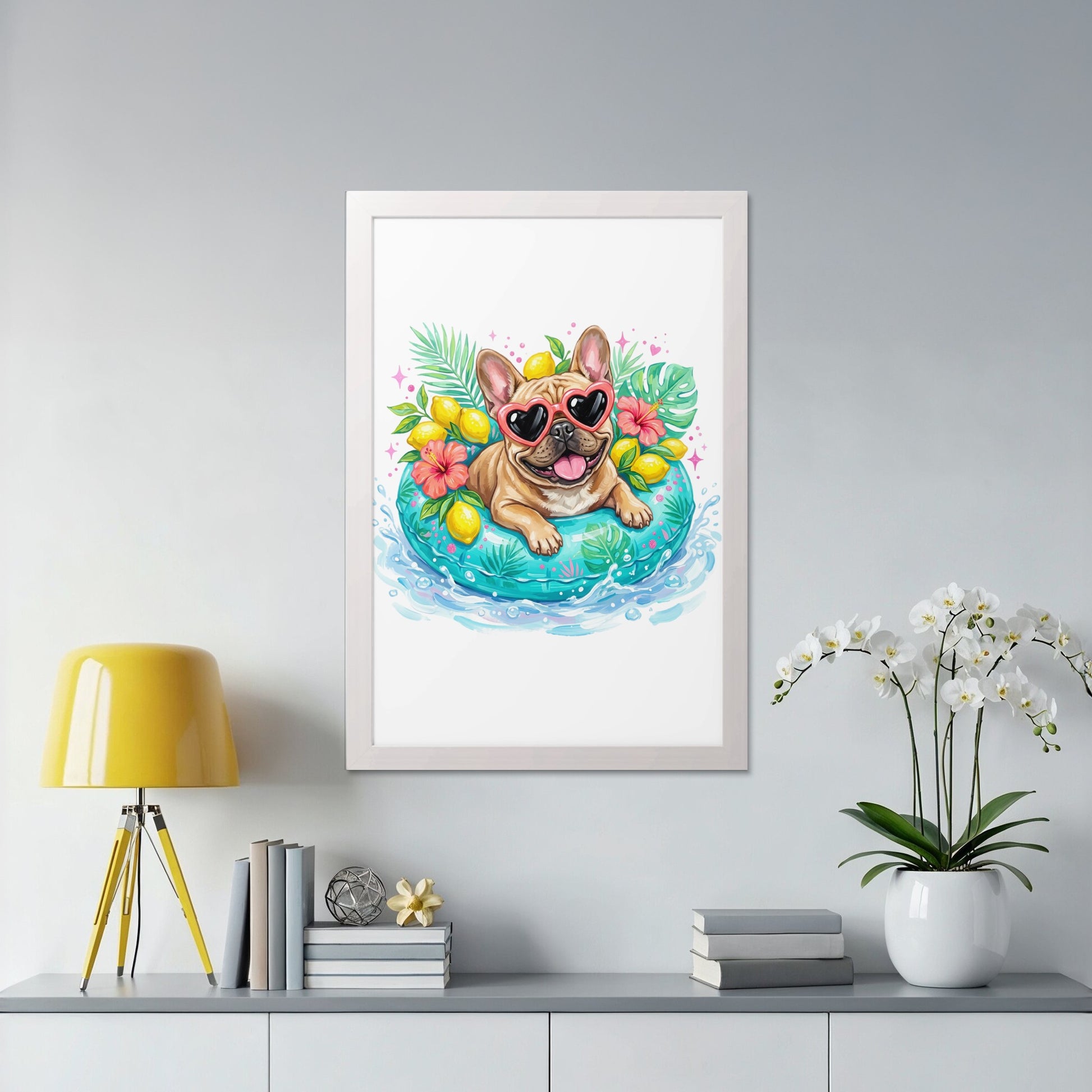 French bulldog wearing sunglasses floats on inner tube with fruit and flowers.