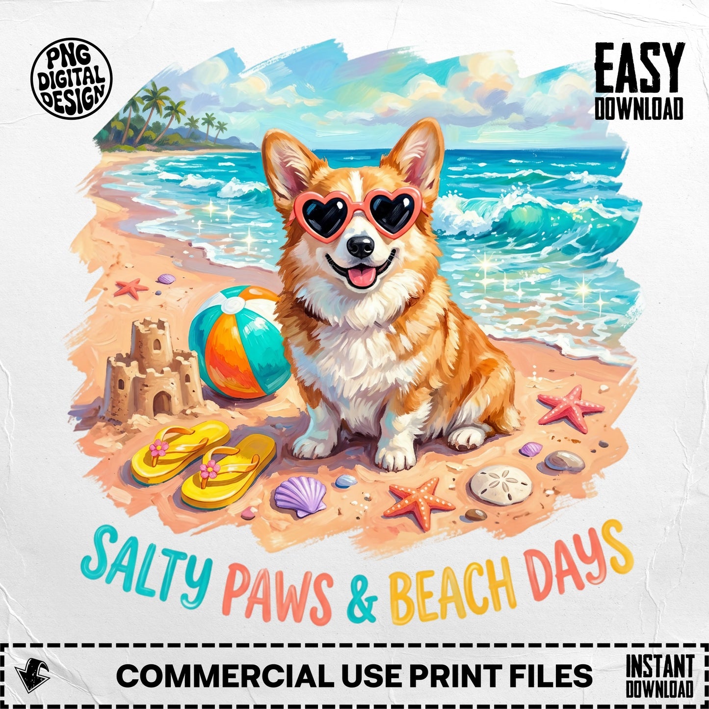 Corgi with sunglasses on a beach, "Salty Paws & Beach Days" text.
