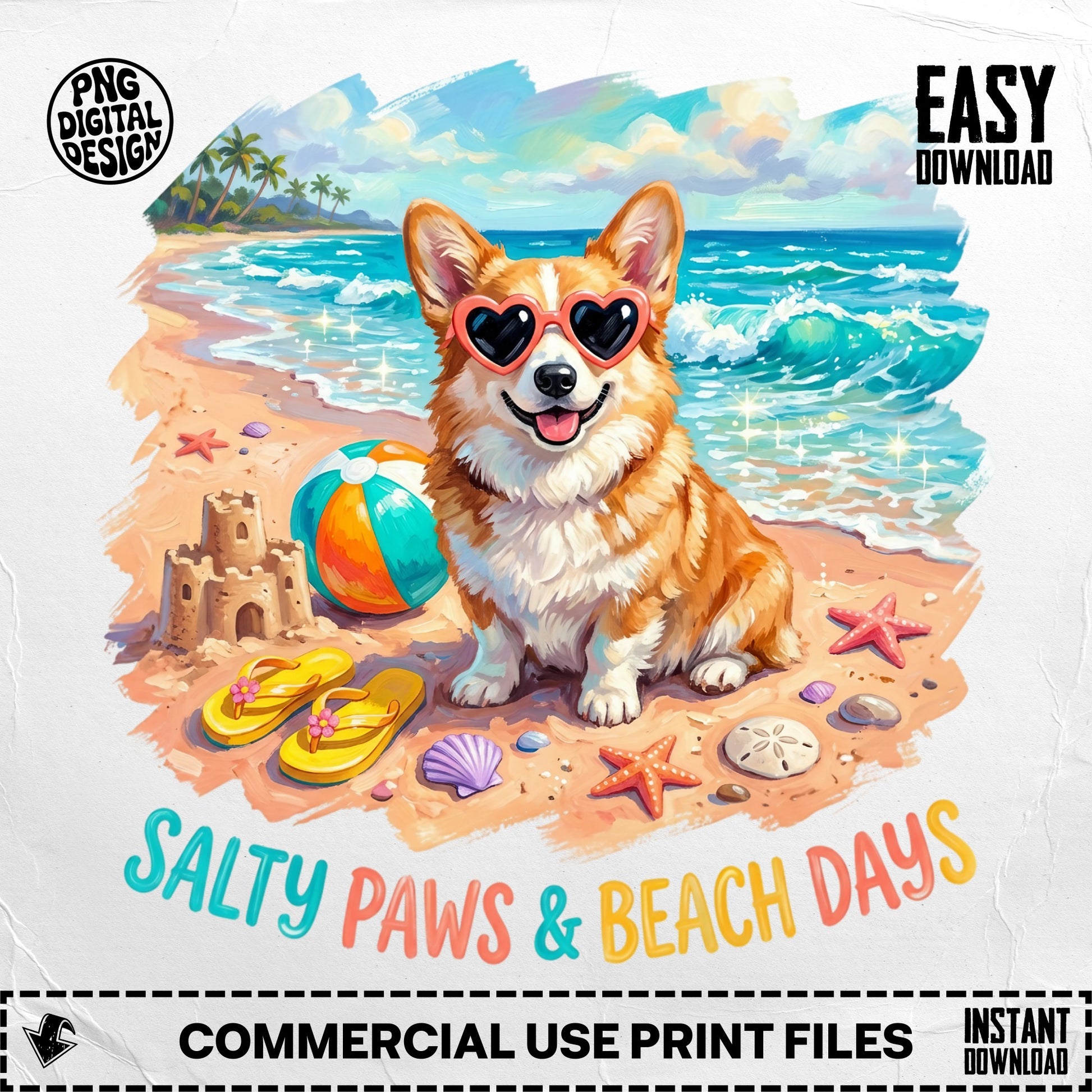 Corgi with sunglasses on a beach, "Salty Paws & Beach Days" text.
