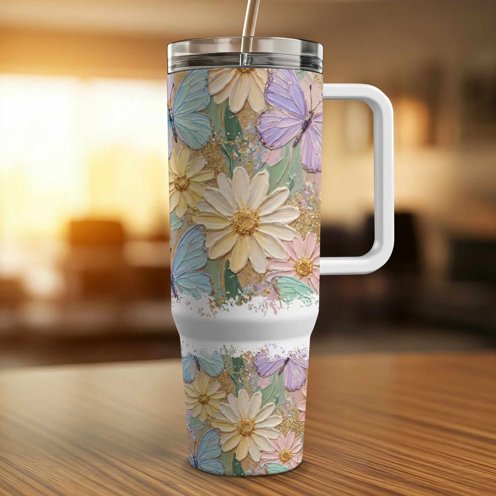 30oz tumbler with pastel butterflies and floral design.