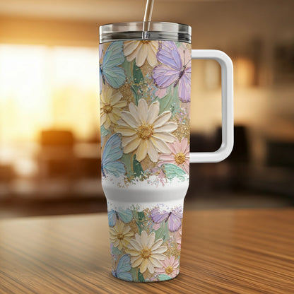 30oz tumbler with pastel butterflies and floral design.