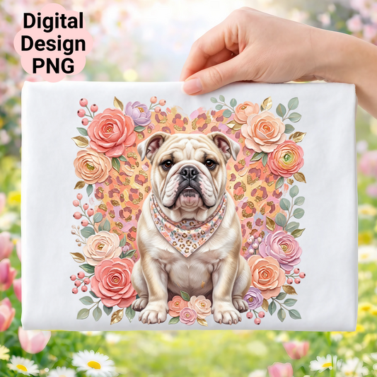English Bulldog with floral border and leopard print background.