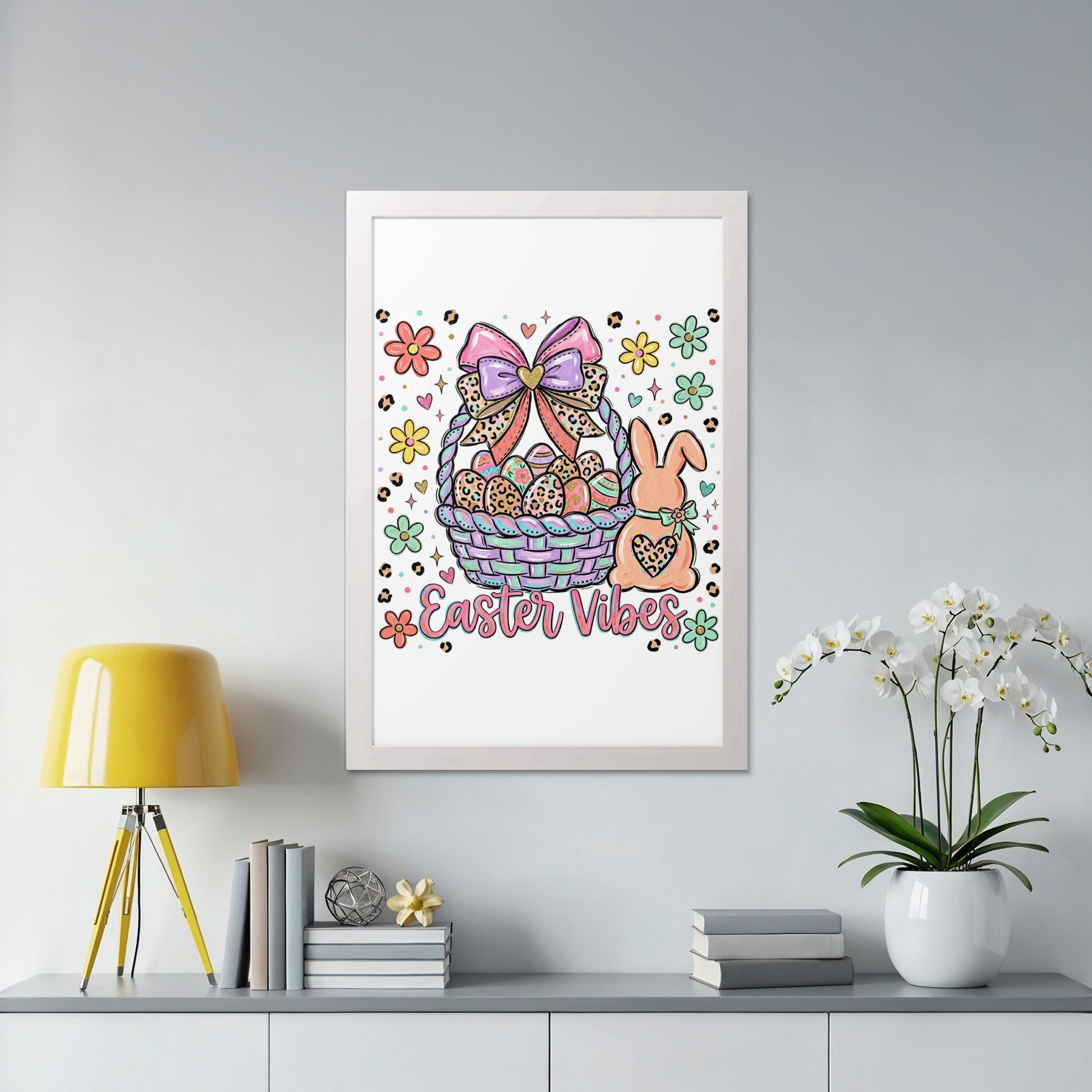 Easter basket with bunny and flowers, "Easter Vibes" text.