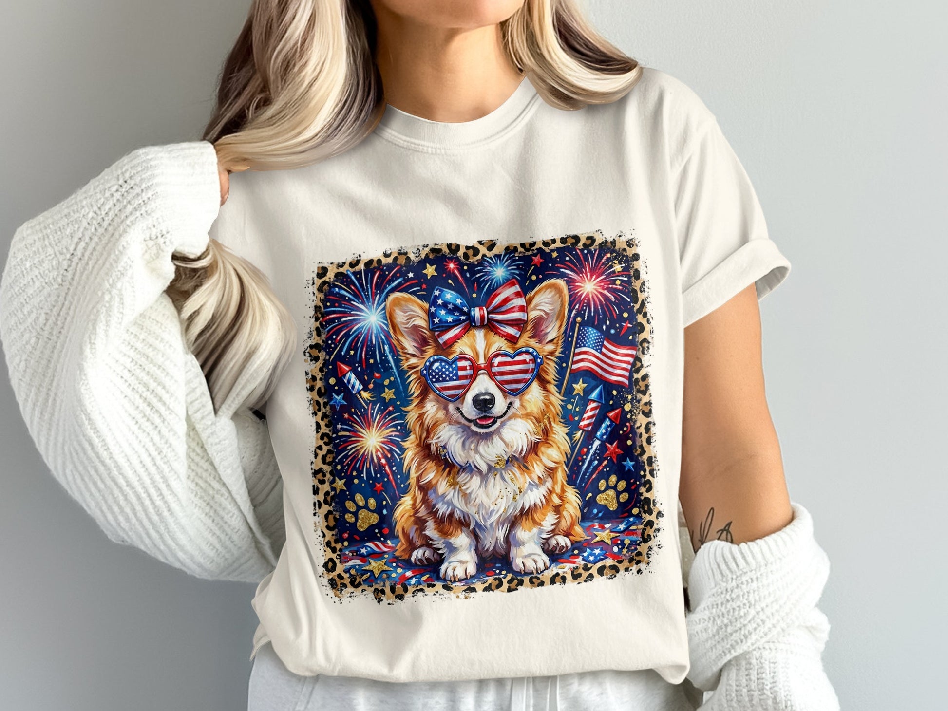 Corgi wearing sunglasses and bandana with fireworks and American flags.
