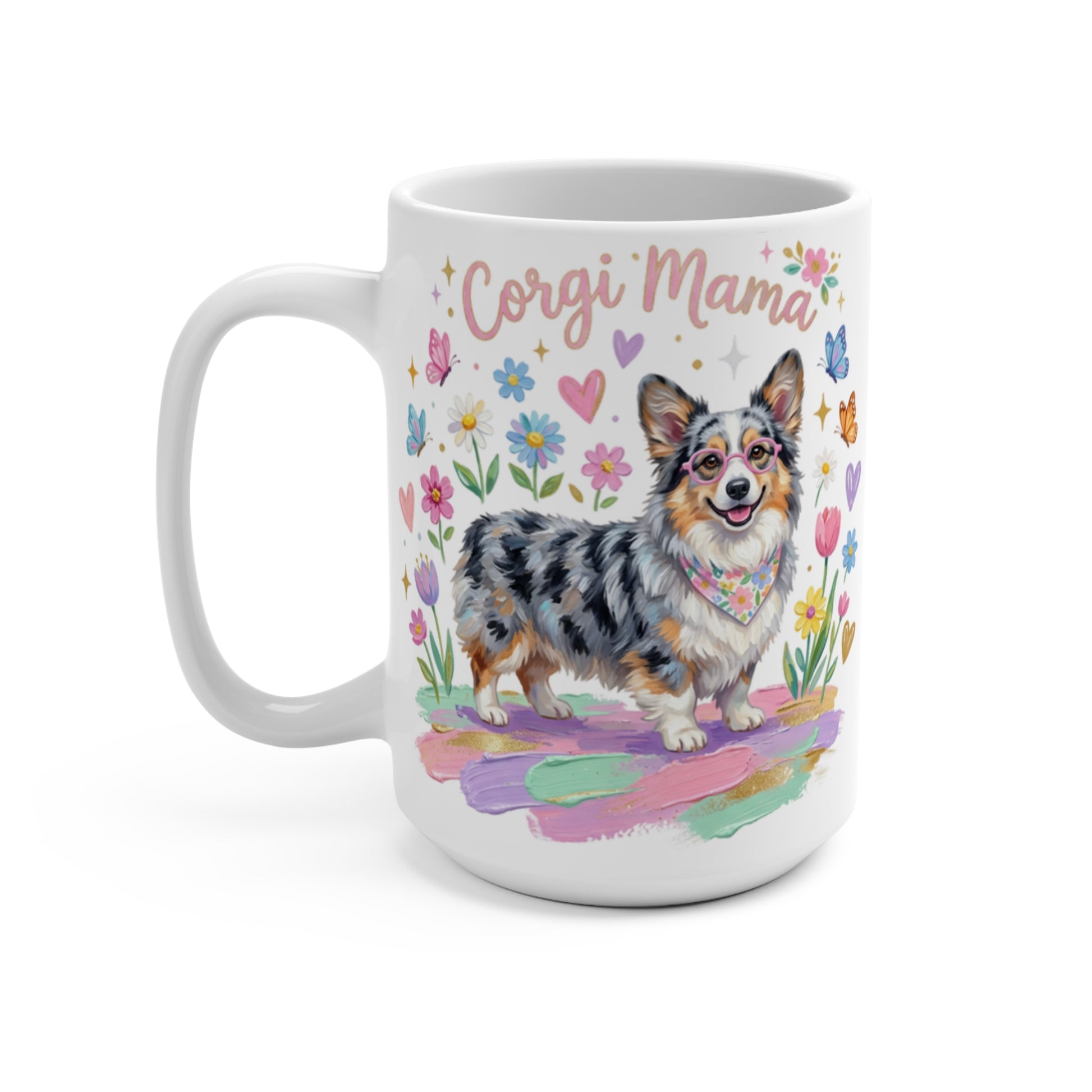 Mug with a blue merle corgi wearing a bandana, surrounded by flowers and butterflies, text "Corgi Mama".