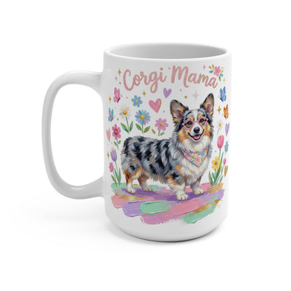 Mug with a blue merle corgi wearing a bandana, surrounded by flowers and butterflies, text "Corgi Mama".