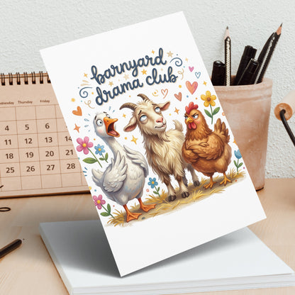 Barnyard Drama Club card with a goose, goat, and chicken.