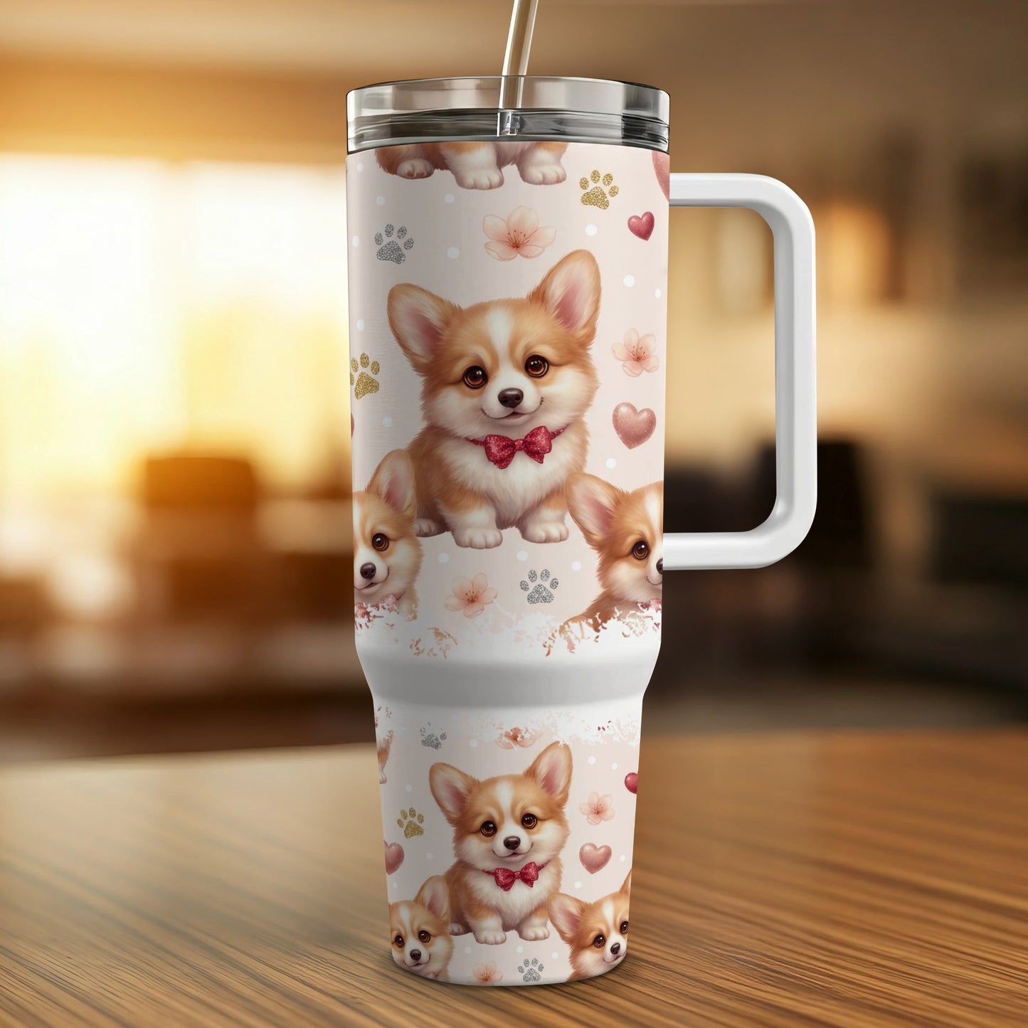 White tumbler with corgi puppies, hearts, and paw prints, featuring a straw.