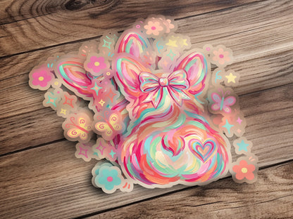Pastel watercolor illustration of a bunny with flowers and butterflies.