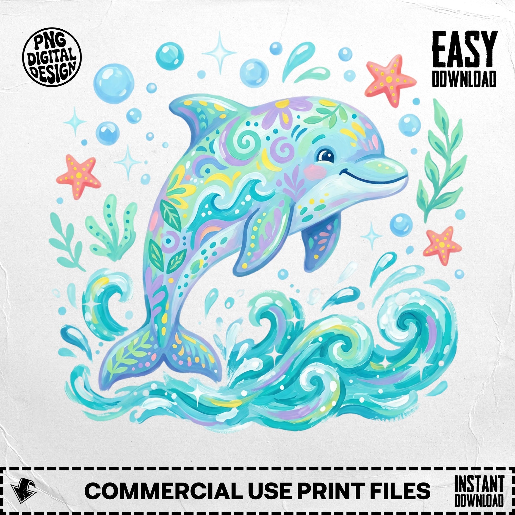 Colorful dolphin with floral patterns leaping from stylized waves.