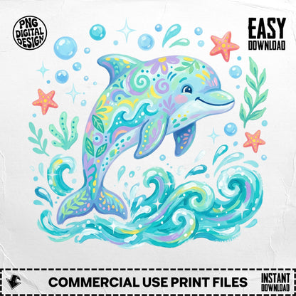 Colorful dolphin with floral patterns leaping from stylized waves.