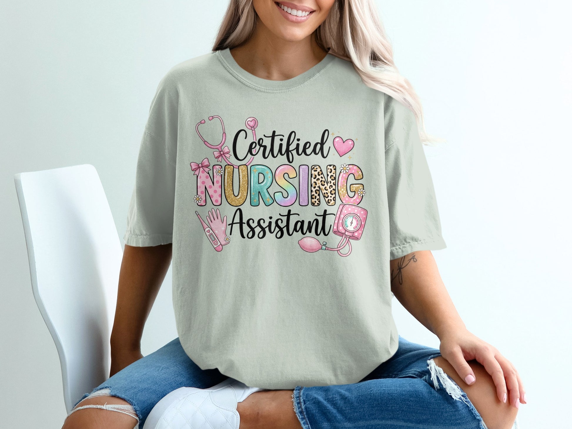 Certified Nursing Assistant text with stethoscope, heart, and leopard print.