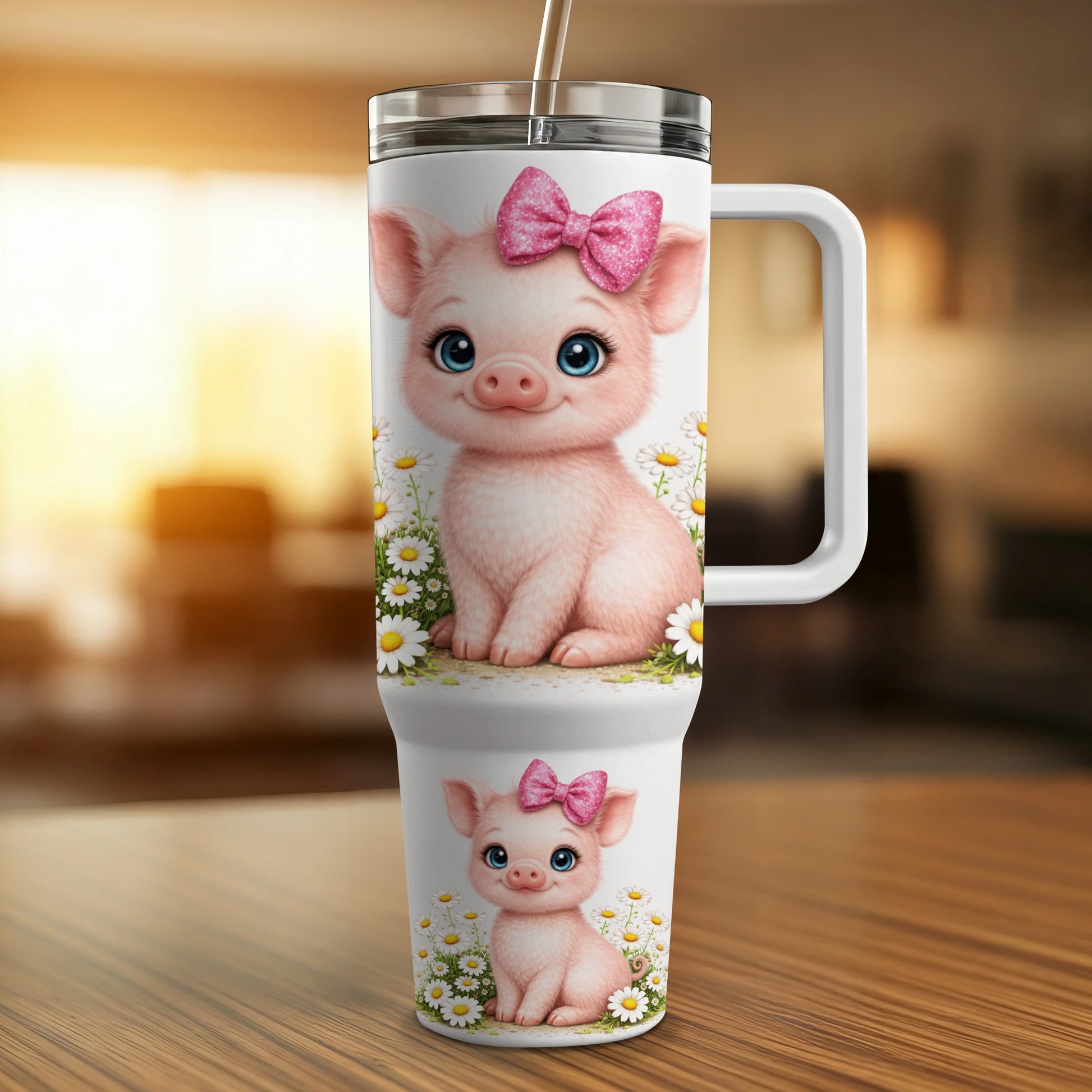 Cute pig illustration on a white tumbler with daisies and pink bow.