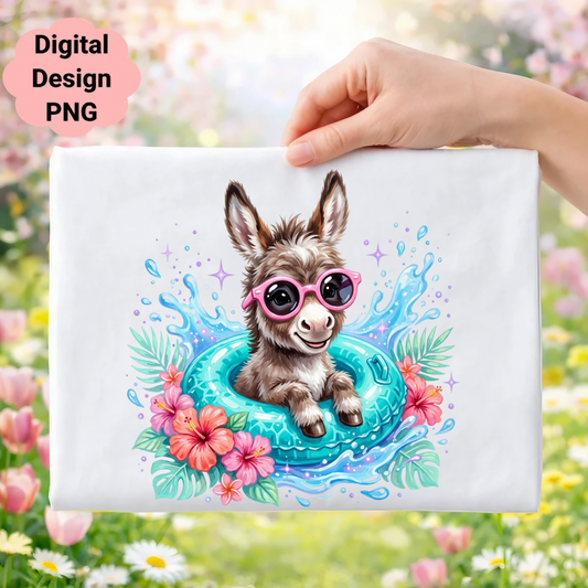 Donkey in sunglasses on an inflatable ring in water with flowers.