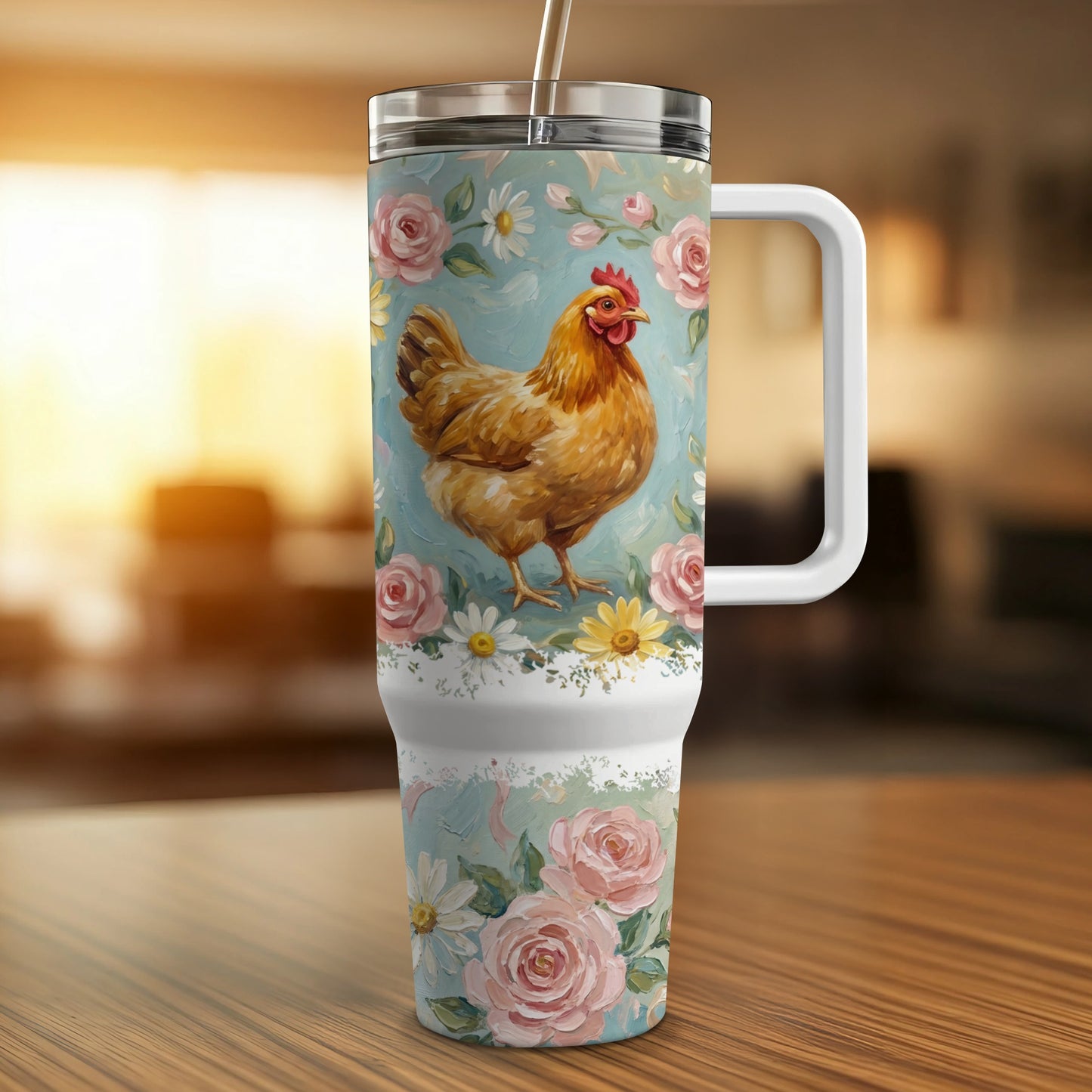 Floral tumbler with a chicken illustration and roses.