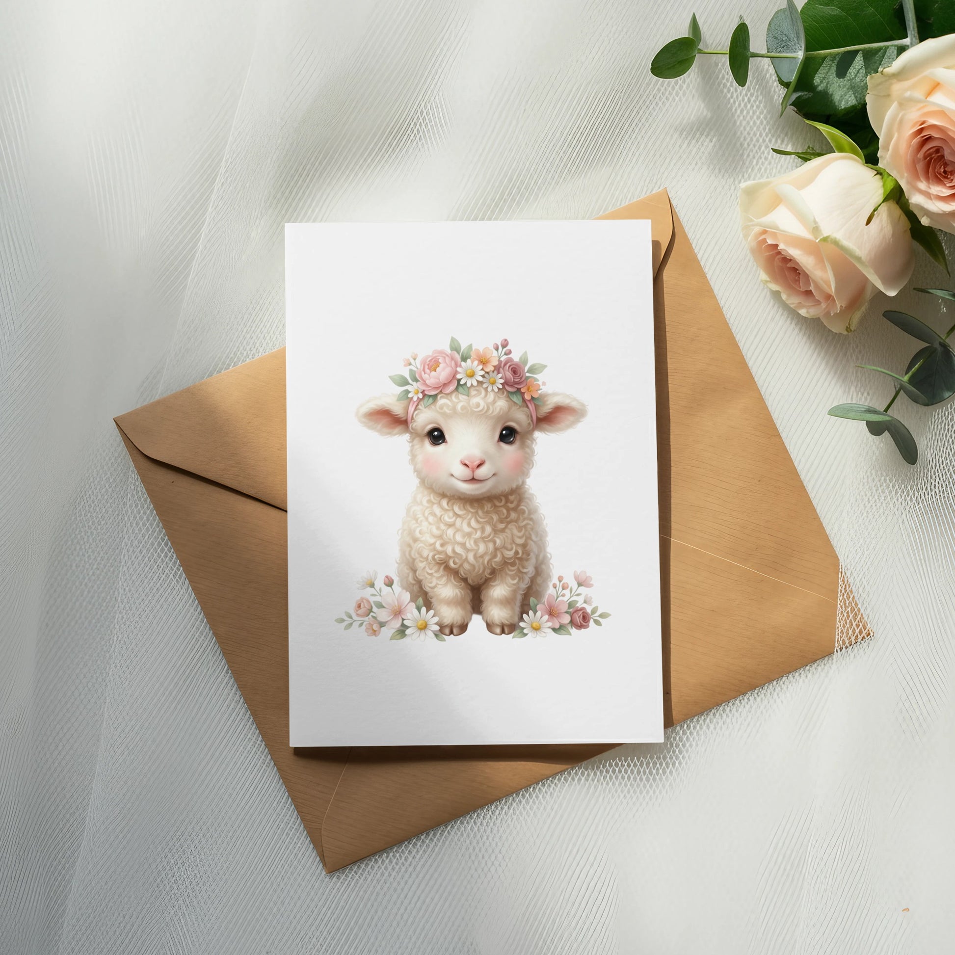 Cute cartoon sheep with flower crown on card resting on envelope.