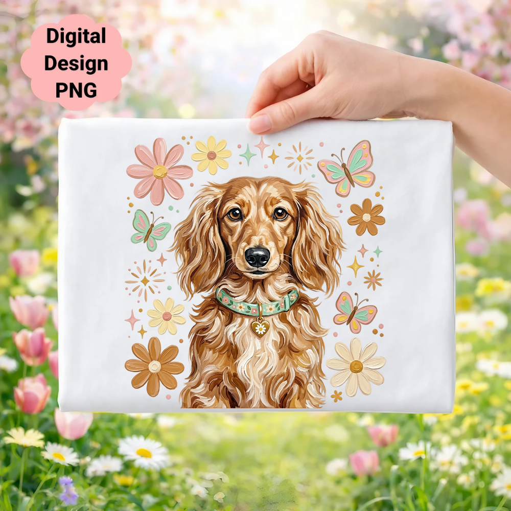 Dachshund with flowers and butterflies on a white background.