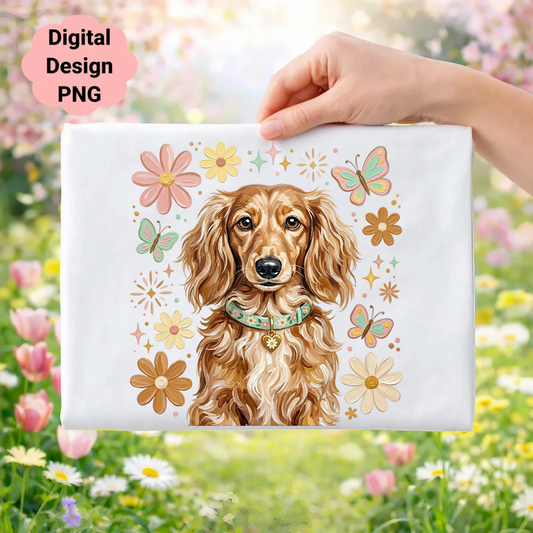 Dachshund with flowers and butterflies on a white background.