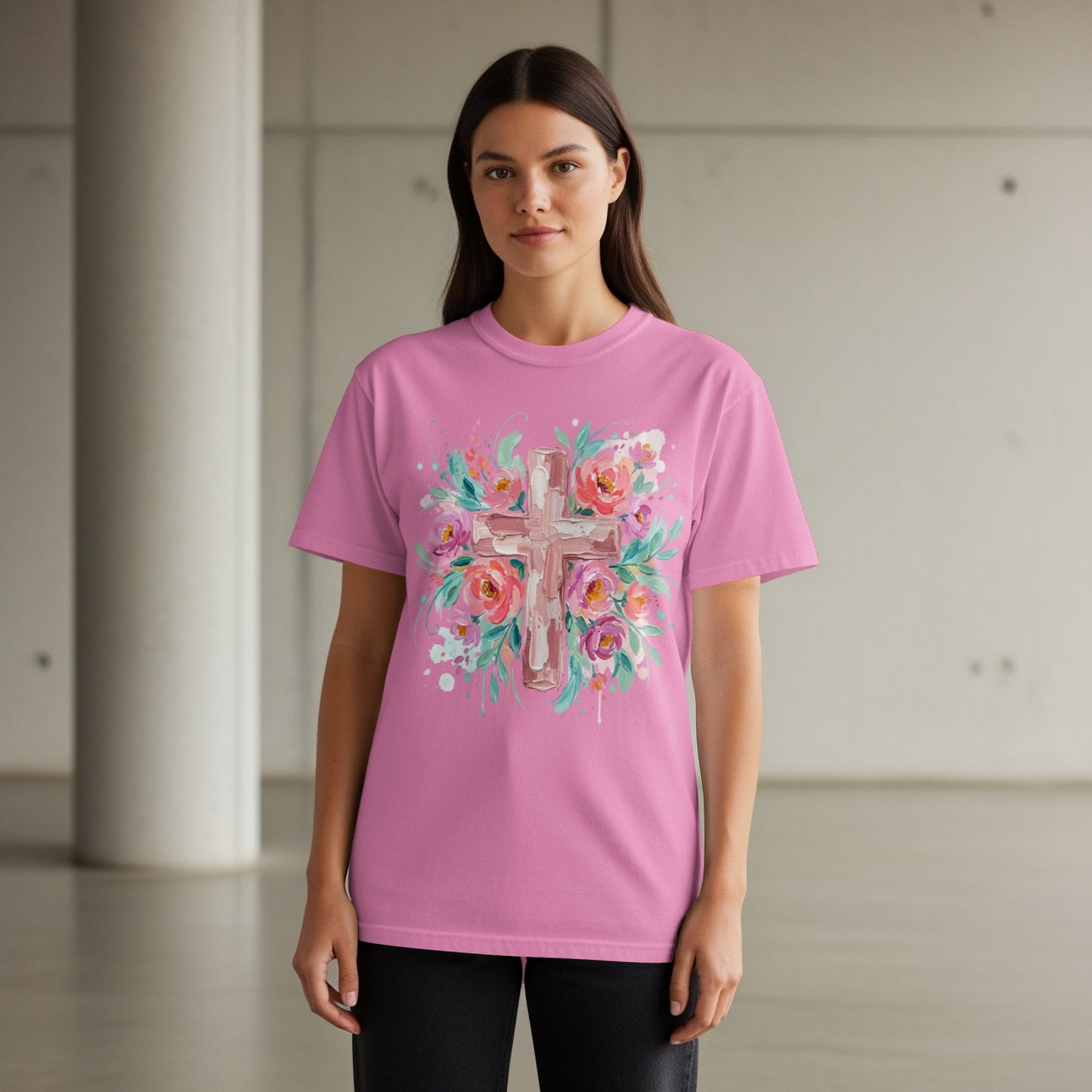 Pink t-shirt with a watercolor floral cross design.