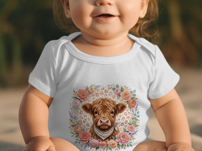 Baby wearing white onesie with a floral cow graphic.