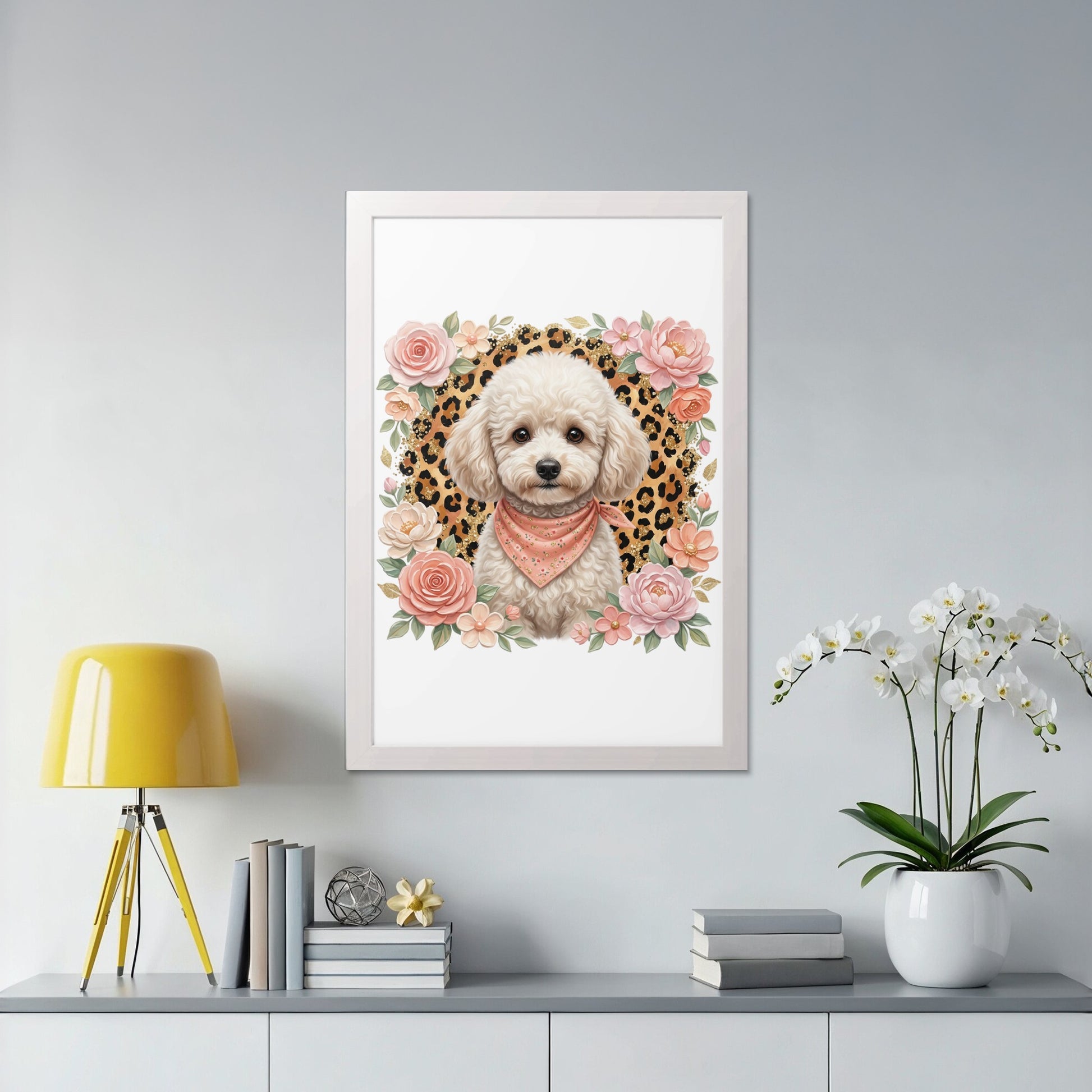 Framed art print of a white poodle wearing a pink bandana surrounded by flowers.